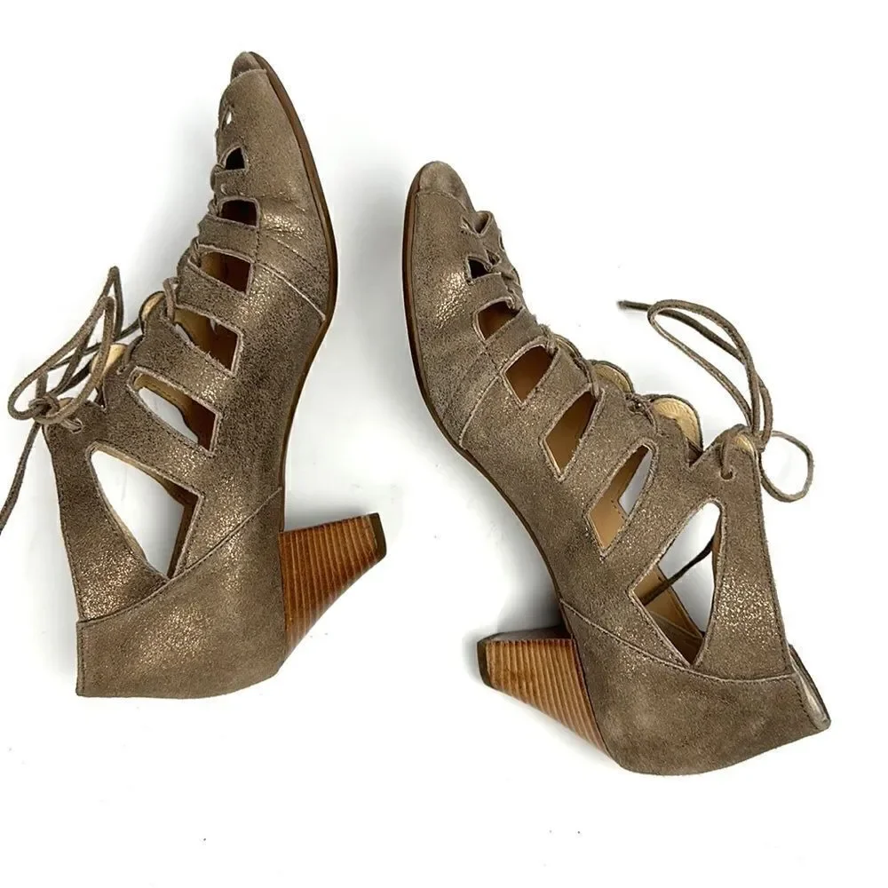 Paul Green Prague Leather Metallic Lace Up Heeled Sandals Booties Sz 8